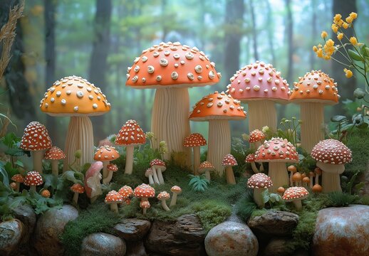 Colorful composition with fly agaric mushrooms in the interior.