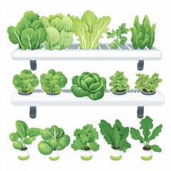 Poster - of a modern  minimalist hydroponic farm setup with vibrant green leafy vegetables and herbs growing on shelves  showcasing a sustainable and eco friendly indoor farming concept in a flat