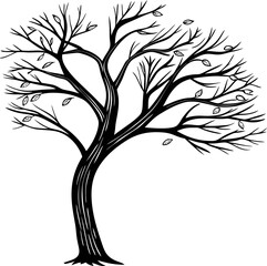 hand drawn black tree with bare branches and sparse leaves isolated on white background