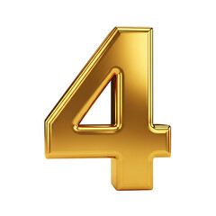 Fototapete - A shiny, golden metallic number four stands against a white background.