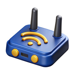 Poster - 3d rendering of a blue and yellow plastic style wifi router icon on background