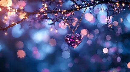 Poster - Crystal heart pendant hanging from blooming tree branch against dreamy bokeh background in pink and blue tones, romantic Valentine's day composition.