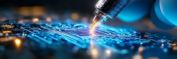 Poster - Glowing circuit board with syringe needle injecting data, representing cybersecurity, digital transformation and technology advancement in modern computing.