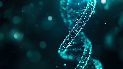 Poster - Glowing turquoise DNA helix structure with particles and bokeh effect on dark background, representing genetic research and biotechnology advancement.