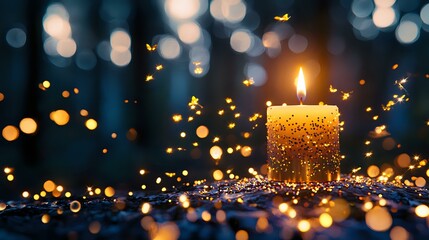 Poster - Glowing golden candle surrounded by sparkling glitter and bokeh lights creating magical holiday atmosphere against dark blue background.