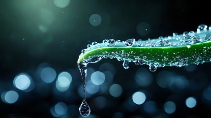 Poster - Fresh green leaf with water droplet falling in macro view against dark bokeh background, capturing moment of natural purity and morning dew.