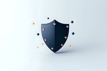 Poster - Dark blue metallic shield with copper rivets floating on light background, symbolizing protection and security in modern minimalist style. Suitable for cybersecurity concepts.