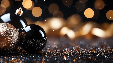 Poster - Festive black and copper Christmas baubles on glittery surface with soft bokeh lights creating magical holiday atmosphere against dark background.