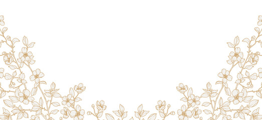 Wall Mural - floral frame in line art style. background with hand drawn pattern of spring flowers, branches, leav