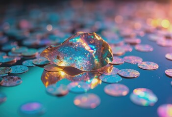 Aufkleber - Iridescent confetti scattered over a reflective surface, creating a vibrant display