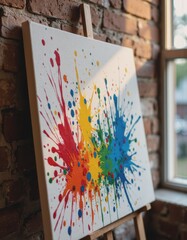 Poster - Vibrant paint splatters on textured canvas create a lively artistic display