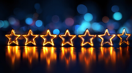 Poster - Glowing golden star lights arranged in row with blue bokeh background and reflection on glossy surface, festive holiday decoration concept.