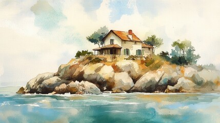 Poster - Serene coastal house overlooking calm ocean and rocky shore