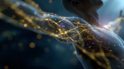 Aufkleber - Glowing golden light trails and particles flow around dark silhouette against deep blue background creating futuristic technological network visualization effect.