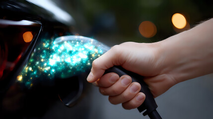 Poster - Magical glowing turquoise light streaming from wine glass being poured in dark setting with bokeh lights creating mystical atmospheric evening ambiance.