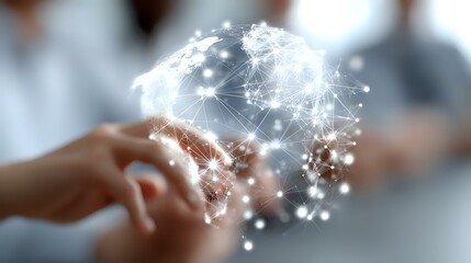 Poster - Hands touching digital network sphere with glowing connections and nodes, representing global technology and digital transformation in business environment.