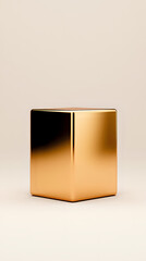 Poster - Metallic gold cube with reflective surface on neutral beige background, minimalist luxury design element for premium product presentation and branding.