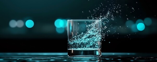 Poster - Turquoise liquid splashing out of glass against dark background with bokeh lights, dramatic water motion captured in high-speed photography for beverage advertising.