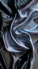 Poster - Luxurious black silk fabric with iridescent blue and pink reflections creating elegant flowing waves and folds against dark background. Suitable for luxury fashion designs.