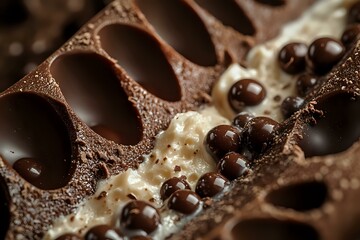 Poster - Dark and white chocolate bar with crispy balls macro shot showing texture details and layers. Sweet dessert background for confectionery and candy packaging design.