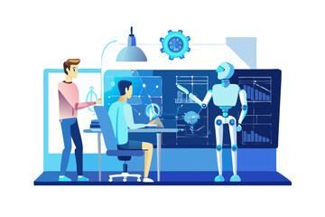 Poster - Teamwork with ai robot in modern office setting