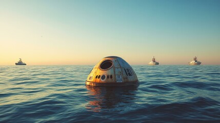 Aufkleber - Damaged rusty spacecraft floating in serene ocean at sunset