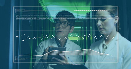 Poster - Lab-coated engineers reviewing tablet, clipboard in data center, green-lit racks and data overlay