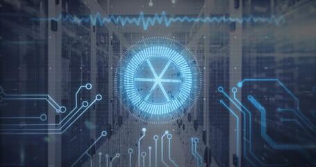 Poster - Glowing circular HUD floating in data center aisle, with server racks, circuit traces, waveform