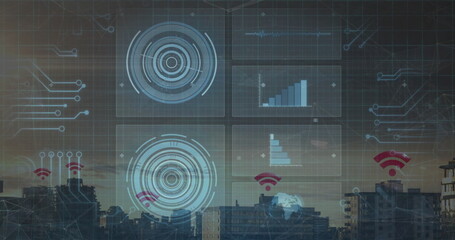 Poster - Displaying translucent HUD showing circle targets data panels red Wi-Fi icons on skyline at dusk