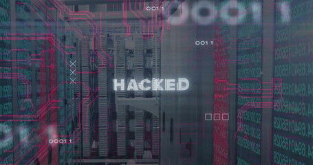 Fototapete - Displaying HACKED text over server racks in data center, with neon red circuitry and green code