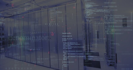 Poster - Blinking LED indicators lining server cabinets with glass doors in data center aisle, code overlay