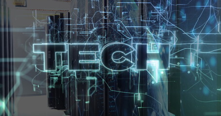 Poster - Displaying holographic 'TECH!' text floating in server room, with blinking rack doors and cables