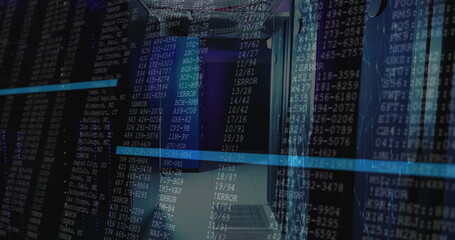 Poster - Displaying central server rack aisle streaming code overlays in data center, with cable trays
