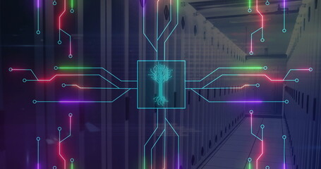 Poster - Extending data center corridor displaying neon circuit lines, with raised floor tiles and tree icon