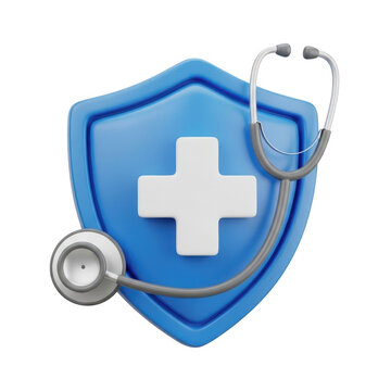 3d icon of a blue shield with a white cross and a stethoscope isolated on transparent background