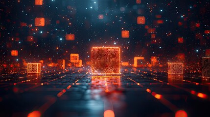 Leinwandbilder - Illuminated cubes in a futuristic, digital landscape.