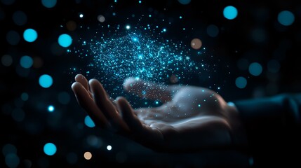 Poster - Mystical glowing blue particles floating above an outstretched hand against dark background with bokeh lights, creating magical atmosphere for spiritual concepts.