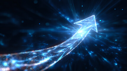 Aufkleber - Glowing blue arrow made of light particles and energy streams moving upward against dark background with bokeh effects and motion blur for business growth concepts.