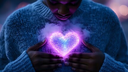 Poster - Glowing purple heart shape floating between hands against dark background, magical energy effect with bokeh lights, wearing cozy blue sweater, concept of love and magic.