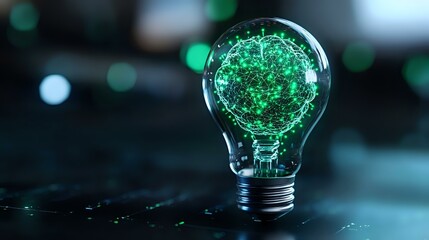 Poster - Glowing green neural network pattern inside light bulb on dark background with bokeh lights, representing artificial intelligence and innovation.