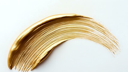 Poster - Golden metallic curved brush stroke on white background, luxury cosmetic smear texture isolated for creative design and makeup artistry applications.