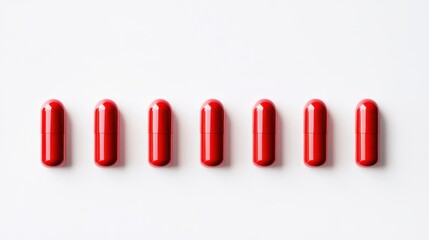 Poster - Seven red capsules arranged in a row on white background