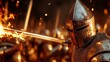 © Larisa AI - A knight clad in shining armor stands poised for battle against a backdrop of flames and chaos, symbolizing courage, strength, and the timeless struggle between good and evil.