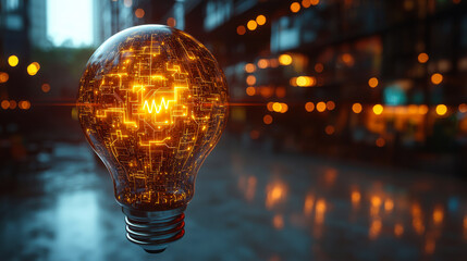 Poster - Creative light bulb glowing in digital circuitry with glowing orbs in the background during nighttime in an artistic setting