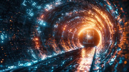 Aufkleber - Digital tunnel with glowing data patterns.