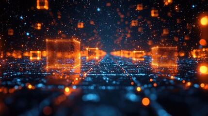 Leinwandbilder - Abstract digital cityscape with glowing cubes.