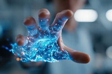 Poster - A futuristic human hand interacting with a glowing network of blue energy particles, representing technology, innovation, and the future of digital communication, AI and data.