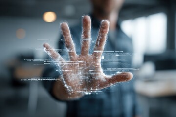 Poster - Augmented reality concept with human hand interacting with digital interface, futuristic touch screen, artificial intelligence, metaverse technology, immersive experience.