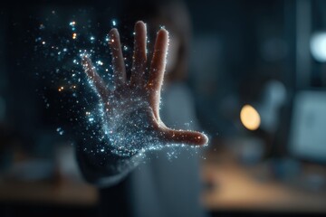 Fototapete - A mesmerizing digital art piece showing a hand dissolving into sparkling particles, illustrating the concept of transformation and connection with technology.