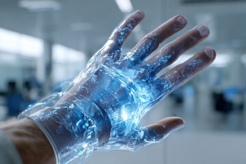 Poster - A human hand surrounded by a futuristic, glowing blue energy field in a sterile environment, showcasing advanced technology and digital connectivity in healthcare setting.